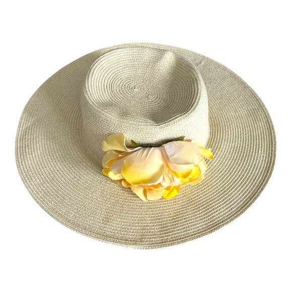 Cappelli Straworld Wide Brim Sun Hat with Yellow Flower Trim One Size Paper Brai - Picture 1 of 7